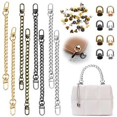 several different types of chains and purses are shown in this image, including one with two