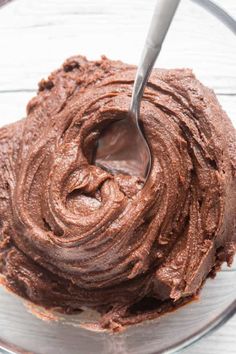 chocolate frosting in a glass bowl with a spoon