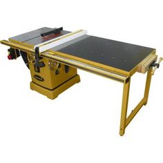 a table sawing machine sitting on top of a yellow stand with a white background