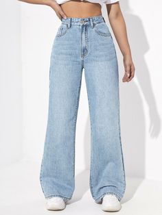 Light Wash  Collar  Denim Plain Wide Leg Embellished Non-Stretch  Women Clothing Blue High Waisted Jeans Outfit, Light Blue Wide Leg Jeans, Wide Jeans Outfit, High Waisted Jeans Outfit, Wide Leg Jeans Outfit, High Waisted Wide Leg Jeans, Mum Jeans, High Wasted Jeans, High Waist Wide Leg Jeans