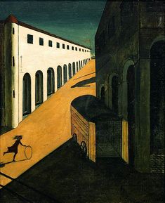 a painting of a person holding a tennis racquet on a street with buildings in the background