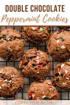 Chocolate Peppermint Cookies with bits of candy cane on top cooling on a wire rack. Peppermint Cookie Recipe, Peppermint Chocolate Chip Cookies, Chewy Ginger Cookies, Peppermint Recipes, Chocolate Peppermint Cookies, Candy Cane Cookies, Peppermint Cookies, Holiday Cookie Recipes