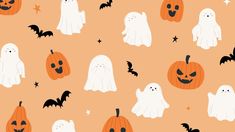 halloween seamless pattern with ghost and pumpkins on an orange background for wallpaper