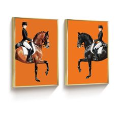 two paintings of horses and riders on an orange background, each with their own rider