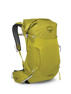 the ospree backpack is shown in bright yellow