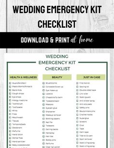 the wedding emergency kit checklist is shown