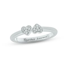 This sweet and stylish promise ring is perfect for symbolizing your commitment. Two hearts facing opposite directions sparkle with dainty round diamonds at the center. The sterling silver band can be engraved with a message of your choosing – up to 16 letters in length – for a personal touch. The ring has a total diamond weight of 1/10 carat. Cute Promise Rings, Unique Promise Rings, Heart Promise Rings, Heart Face, Kay Jewelers, Silver Prices, Double Heart, Two Hearts, Sterling Silver Bands