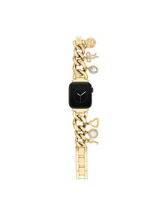 Charm Accented Chain Link Band for Apple Watch® Chain Apple Watch Band, Elegant Gold Apple Watch Band As Fashion Accessory, Trendy Gold Chain Watch Bands, Luxury Chain Apple Watch Band As Gift, Elegant Metal Apple Watch Band Fashion Accessory, Trendy Gold Apple Watch Band For Everyday, Luxury Metal Jewelry With Removable Charms, Elegant Stainless Steel Apple Watch Band As Gift, Elegant Gold Apple Watch Band