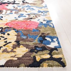 a multicolored area rug on the floor