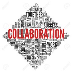 the word collaboration is written in red and black on a white background with other words surrounding it