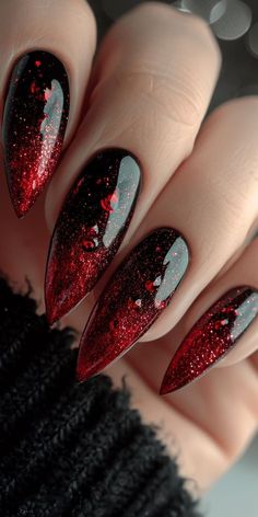 Goth Red Nails, Black Red And Gold Nails, Vampire Nails, Red Nail Art, Faded Hair, Wedding Nail, Red Nail Designs