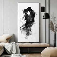 a black and white painting on the wall in a living room