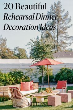 an outdoor patio with chairs, tables and umbrellas in the grass that says 20 beautiful refreshal dinner decoration ideas