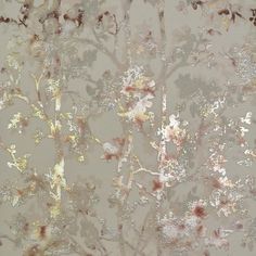 an artistic wallpaper with flowers and leaves in gold, brown and white colors on a light gray background