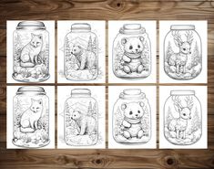 six mason jars filled with animals on top of a wooden table and surrounded by wood planks