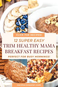 some breakfast foods are shown with the words, super easy trim healthy mama breakfast recipes perfect for busy mornings