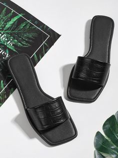 Free Returns ✓ Free Shipping On Orders $49+ ✓. Croc Embossed Slide Sandals- Heeled Sandals at SHEIN. Modern Heels, Slippers For Ladies, Women Flat Sandals, Latest Sandal, Handmade Slippers, Shoes Hack, Fashion Slippers, Girly Shoes, Fancy Bags