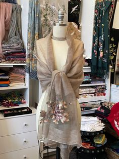 "* Raw Silk Shawl with peonies embroideries * Approx. 80\" x 40\" * Lightweight, seasonless fabric. * Maybe styled elegantly in multiple ways. * 100% Mulberry Silk (except embroideries) * Dry clean or Hand wash" Peonies, Cashmere Shawl, Silk Shawl, Champagne Color, Knitted Shawls, Raw Silk, Ethnic Wear, Mulberry Silk, Scarf Wrap