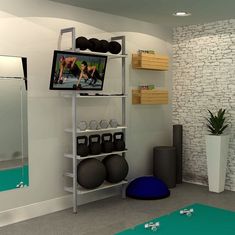 gym shelving unit Home Gym Wall Shelves, Very Small Home Gym, Turn Garage Into Gym, Guest Bedroom Gym Combo, Finished Basement Ideas On A Budget, Office Gym Combo Ideas, Home Gym Guest Room Combo, Gym And Office Room Ideas, Home Office Workout Room Combo