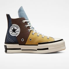 Style No. A02871C Color: Earthy Brown/Navy High-top sneaker with material split upper made from canvas, twill, and poly-cotton denim. OrthoLite cushioning for all-day comfort. An asymmetrical, fused design and elongated tongue for standout style. A split rubber outsole distorts heritage Chuck Taylor design elements. A spliced Chuck Taylor ankle patch. Chuck 70 Plus Material Mashup Unisex High Top Shoes. Womens Converse Lugged, Cheap High-top Canvas Shoes, Brown High-top Sneakers, Converse Earthy Tone Platform, Converse High Tops Chunky, High Converse Boot, Green High-top Affordable Sneakers, Cheap Converse High-top Sneakers With Round Toe, Converse Like Sneakers