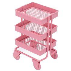 three tiered pink plastic cart with mesh baskets on the top and bottom shelves,