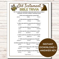 an old testament bible trivia with the text, instant answers and answer key on it