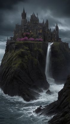 a castle on top of a cliff with a waterfall in the foreground and dark clouds overhead