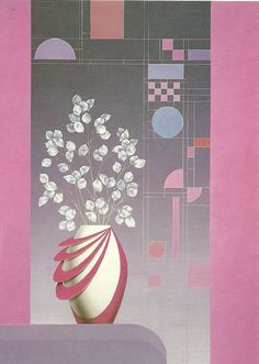 a vase with flowers in it sitting on a table next to a pink and purple wall