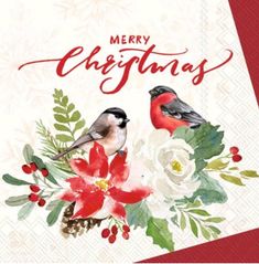 a christmas card with two birds and flowers