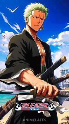 an anime character holding two swords on the beach