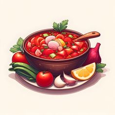 an illustration of a bowl of soup with vegetables