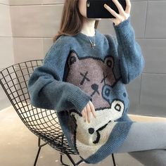 Super Cute Bear Sweater Soft And Comfortable Loose Fit For The Style Look Kawaii Knitted Long Sleeve Sweater, Kawaii Long Sleeve Knitted Sweater, Light Blue Knitted Crew Neck Sweater, Light Blue Crew Neck Knitted Sweater, Cozy Blue Acrylic Sweater, Trendy Blue Acrylic Tops, Blue Cozy Warm Sweater, Kawaii Knit Sweater For Fall, Warm Blue Sweater For Fall