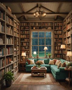 a living room filled with lots of furniture and bookshelves next to a window