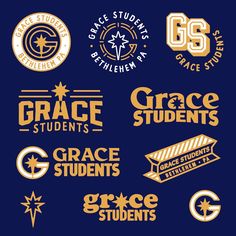 the logos for grace students and grace students are shown on a dark blue background with gold lettering