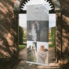 a couple standing under an arch with their wedding pictures on it