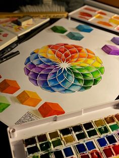 an artist's palette and watercolors on a table