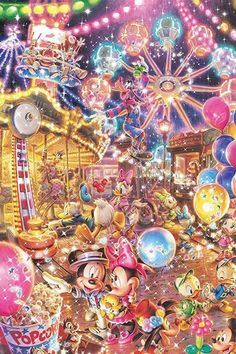 mickey and minnie's carnival ride at night with balloons, fireworks and other items