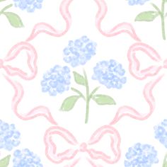 a pink ribbon and blue flowers on a white background