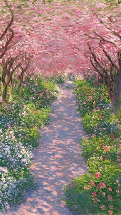 an oil painting of trees and flowers in bloom