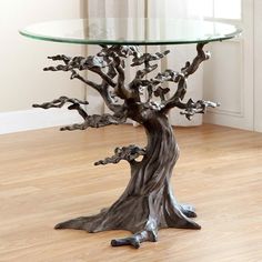 Cypress Tree End Table-Decor | Iron Accents Tree End Table, Vintage Outdoor Decor, Driftwood Furniture, Glass End Tables, Cypress Trees, Glass Top Table, Rustic Furniture, Unique Furniture, Decoration Design