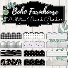 the boho farmhousee bulletin board borders are shown in black, white and green