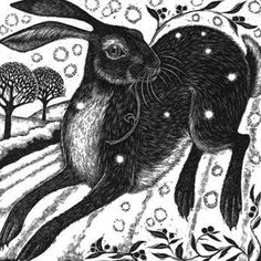 a black and white drawing of a rabbit in the snow