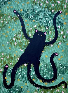 a painting of a black cat with its arms in the air and two cats on it's back