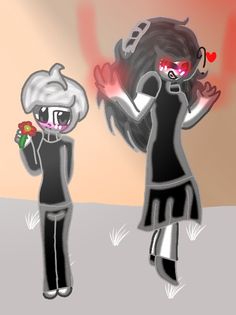 two cartoon characters one is holding a flower and the other has a rose in her hand