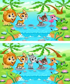 cartoon animals playing in the river - animals characters