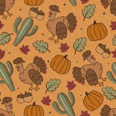 a thanksgiving pattern with turkeys, acorns and cacti on an orange background