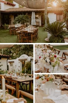 a collage of photos showing different tables and chairs in the grass with flowers on them