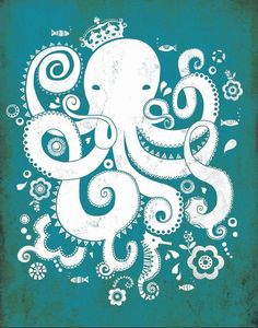 an octopus is surrounded by flowers and swirls on a teal green background with white ink