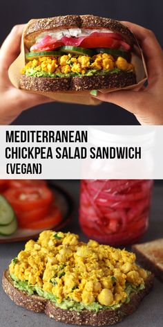 the sandwich is made with chickpea salad and avocado