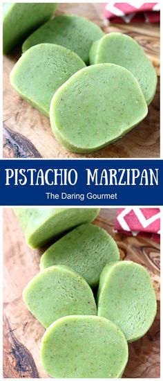 two pictures showing different types of food on a cutting board with the words pistachio marzipan